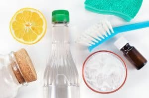 Eco-friendly natural cleaners. Vinegar, baking soda, salt, lemon and essential oil.